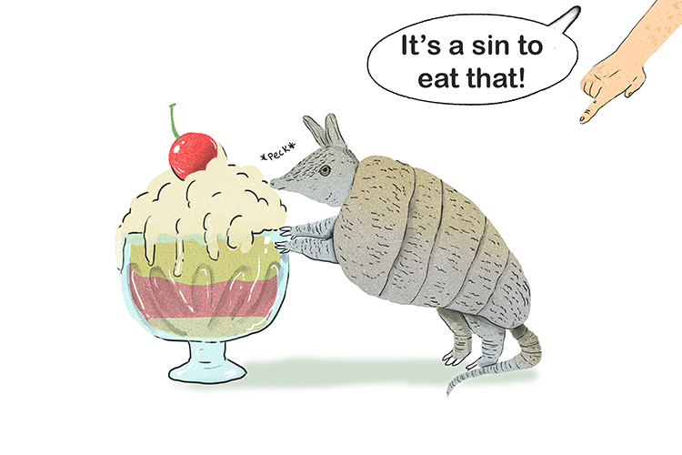 She pecked, the armadillo (peccadillo), at the trifle. The owner said: "It's a sin to eat that." (Trifling sin).